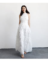 Fringed Feather Halterneck Evening Dress - WOMONA.COM