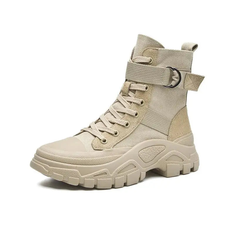 Three-color net boots in beige, high-top lace-up with side buckle strap and chunky sole