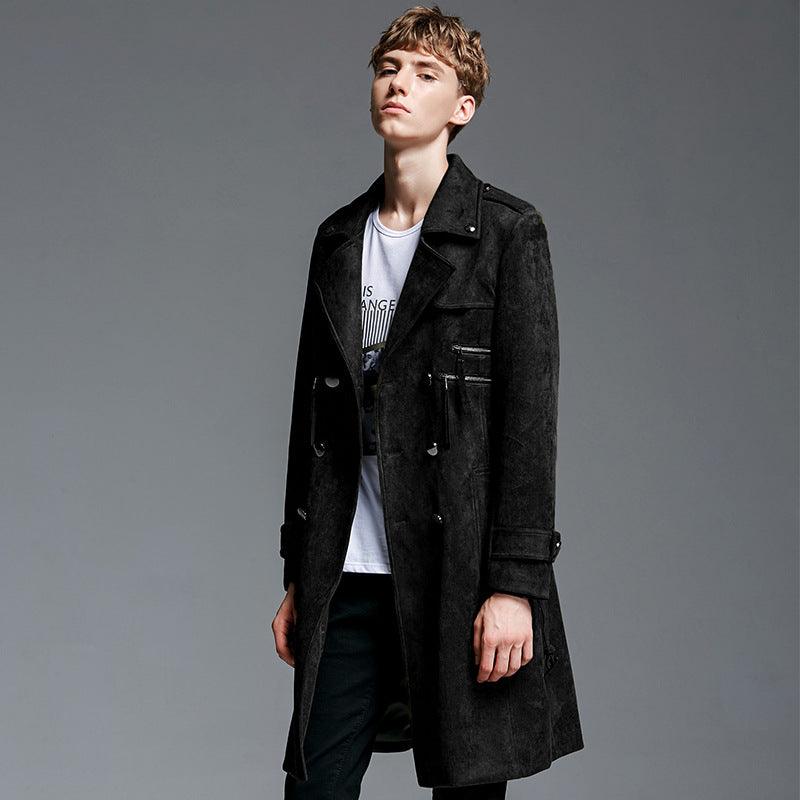 Men's double-breasted suede trench coat, black, buttoned front and flap pockets