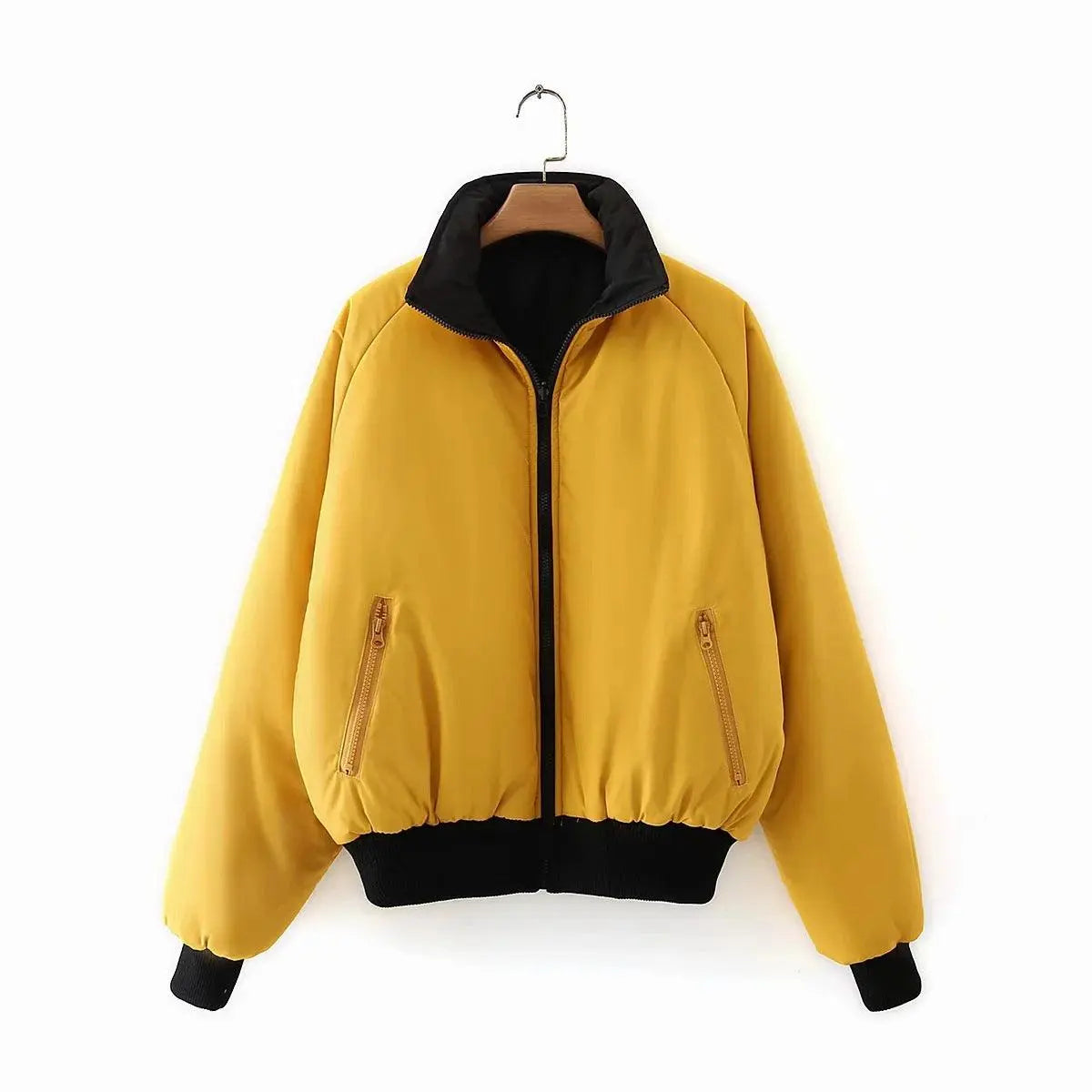 Yellow stand-up collar bomber jacket with full front zipper and side zip pockets