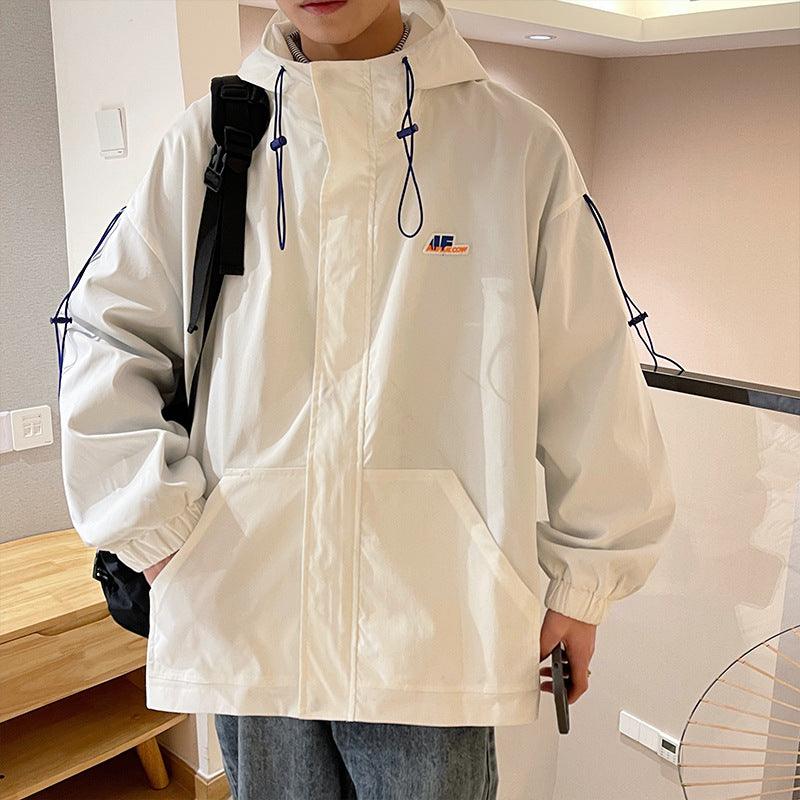 White loose hooded jacket with drawstring, front zipper, long sleeves