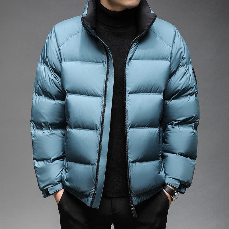 Men’s blue puffer short jacket with full front zipper and stand collar