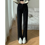 Split Black Jeans Straight Leg - WOMONA.COM