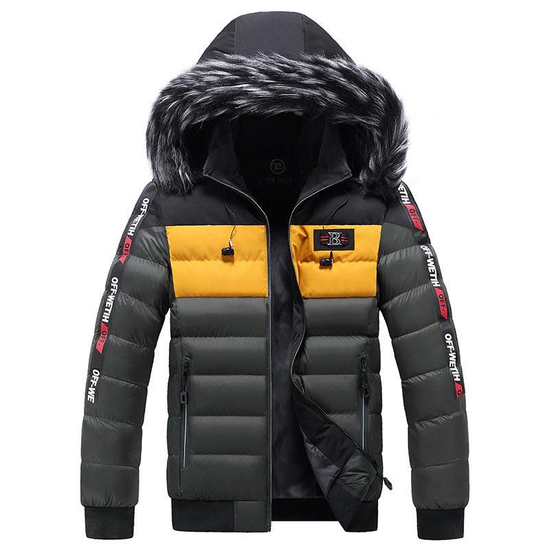 Men's hooded puffer jacket with faux fur trim; black and gray color-block, zip front.