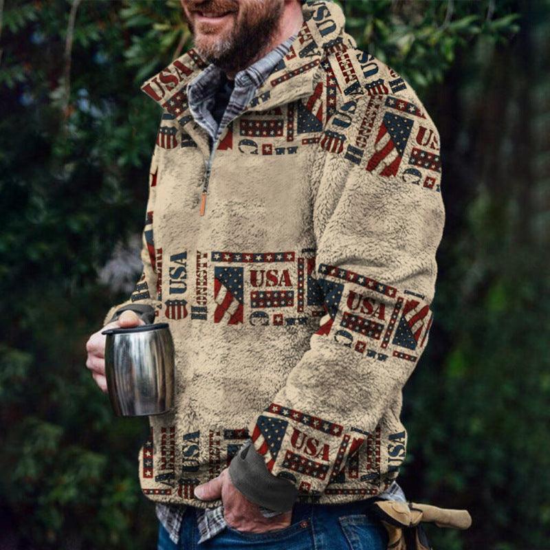Thick fleece quarter-zip sweater with USA-themed patterned sleeves and dark zip collar