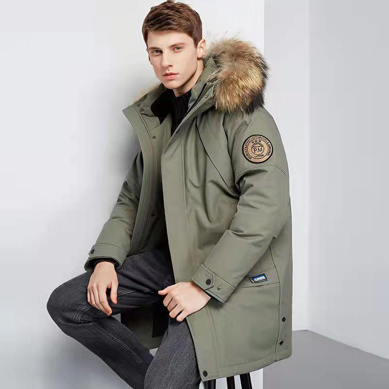 Green long down parka coat with faux-fur trimmed hood and front button placket
