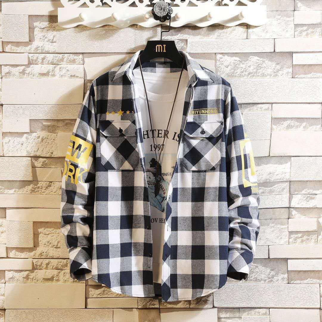 Men's plaid button-up shirt with black-and-white checks, long sleeves, front pocket