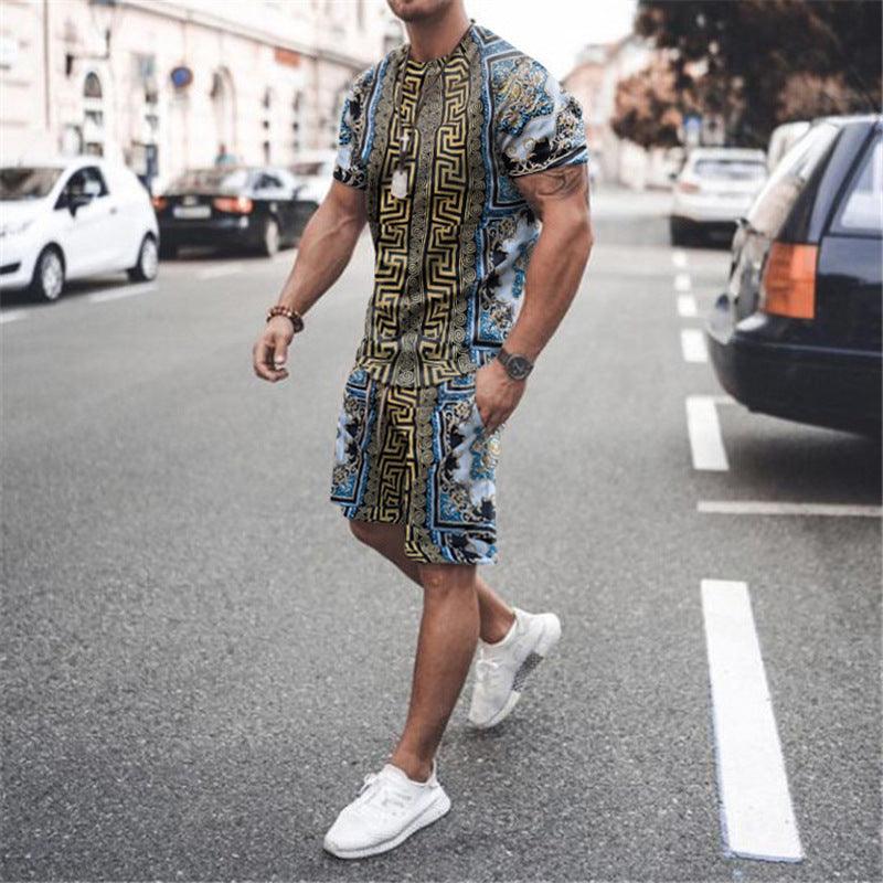 Printed loose short-sleeve T-shirt with blue and tan geometric pattern