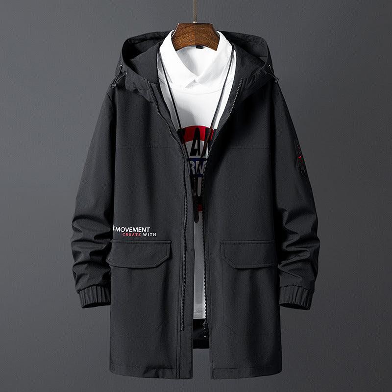 Men's casual trench coat, black hooded zip jacket with two front pockets