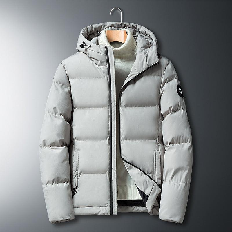 Men's light gray hooded puffer jacket with full zip and ribbed knit collar