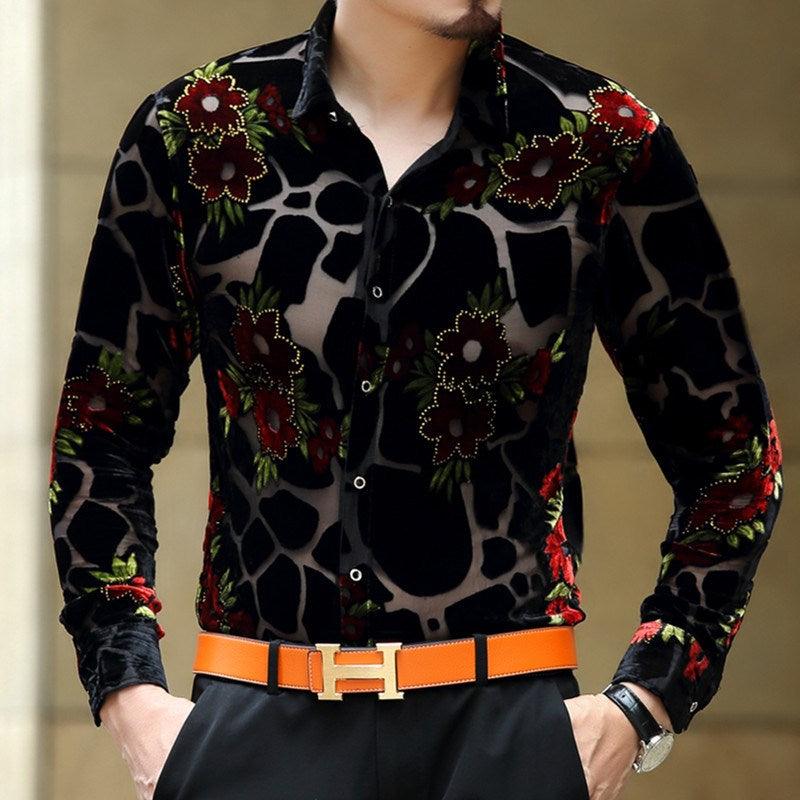 Men’s long-sleeve slim button-up shirt, black with red and green floral print
