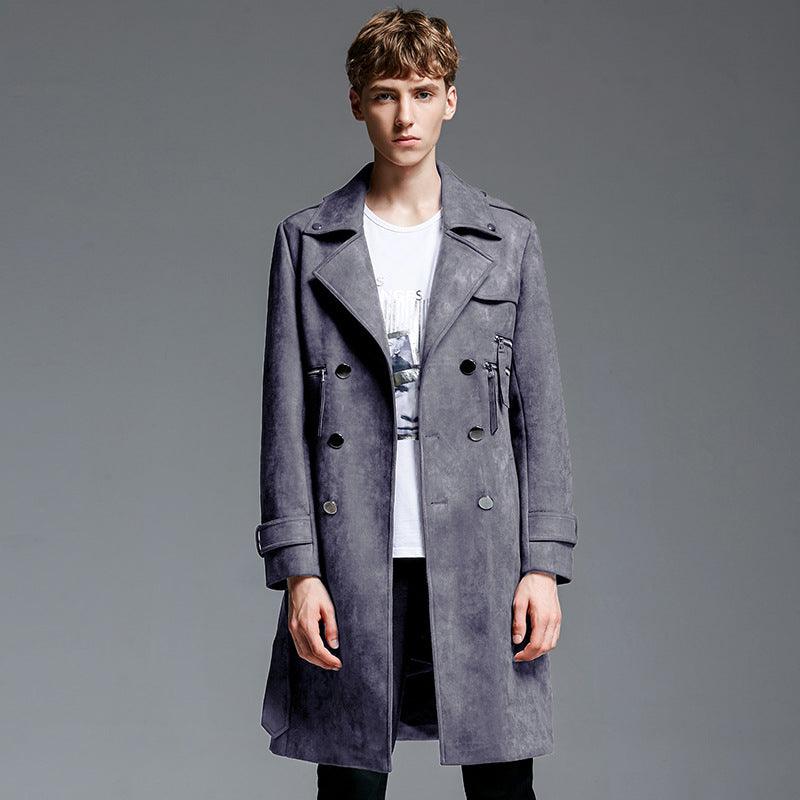Men's double-breasted suede trench coat, dark gray, flap pockets and button front