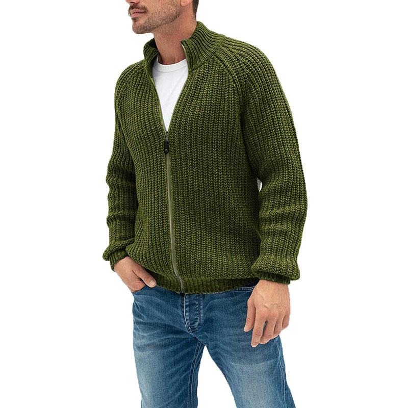 Men's knit cardigan sweater in green with zipper front and ribbed collar cuffs hem