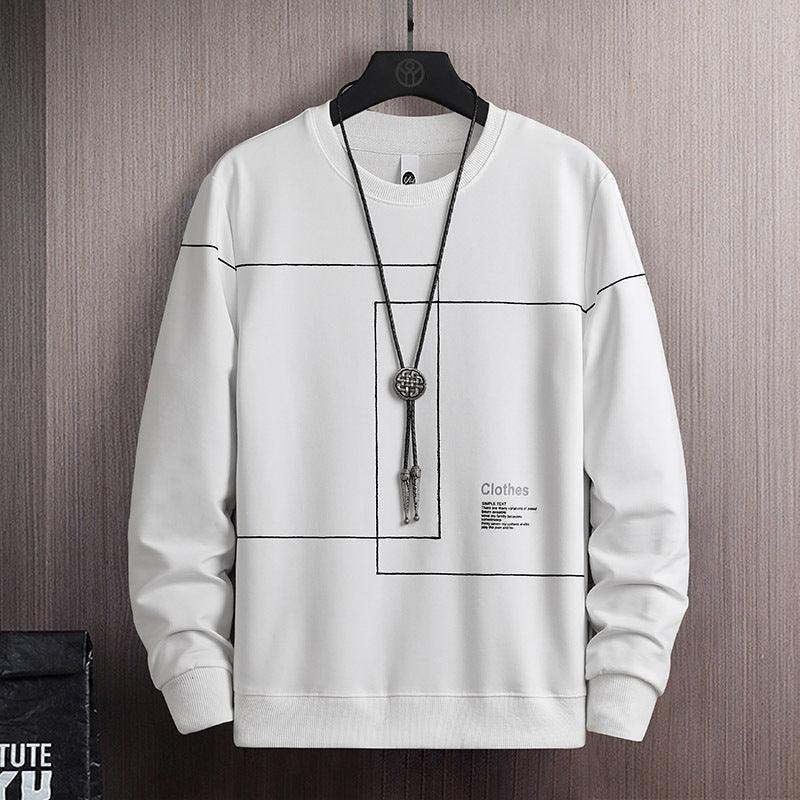 White crewneck cotton sweater with square grid graphic and long necklace pendant print