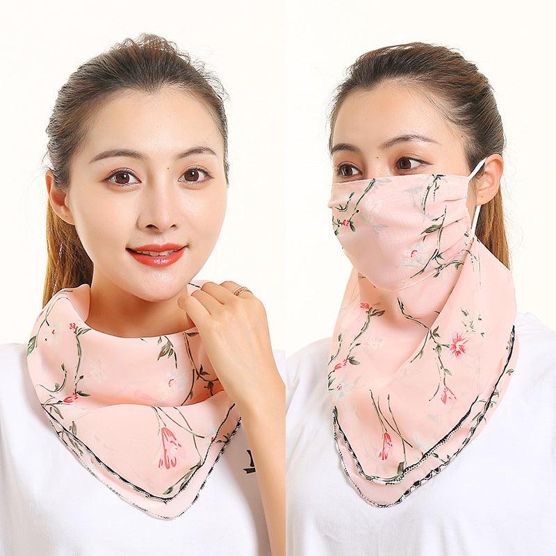 Floral silk neck scarf with face covering, blush pink base with red-green vine floral design