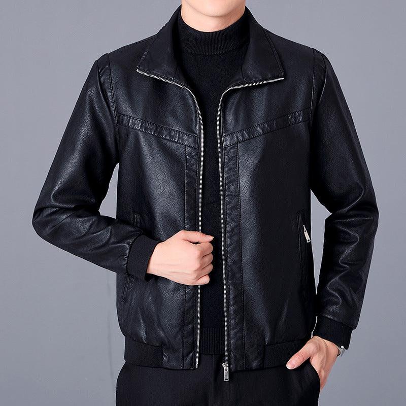 Men's black leather jacket with zip-front, stand collar, and chest flap pockets; ribbed hem