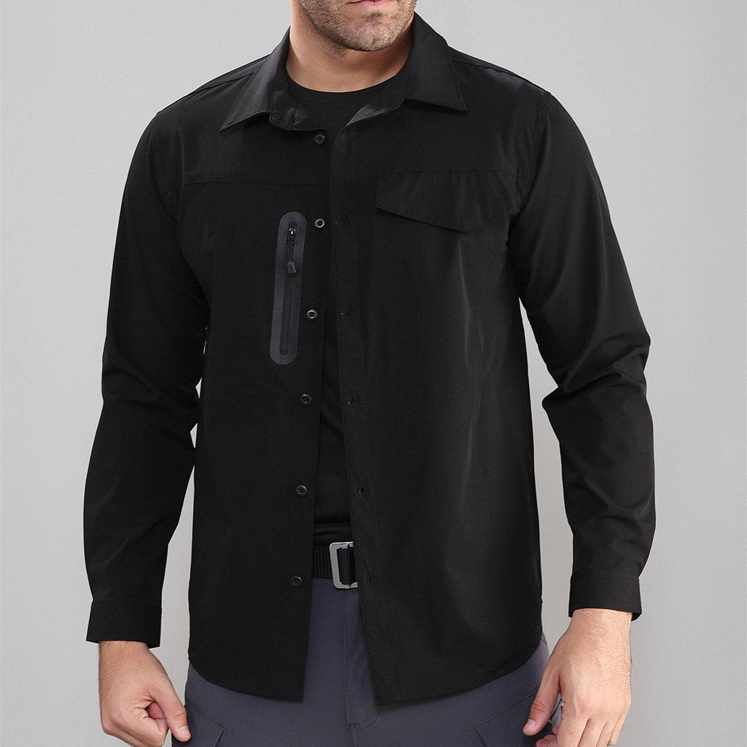 Men's black tactical quick-dry button-up shirt with chest flap pocket and long sleeves