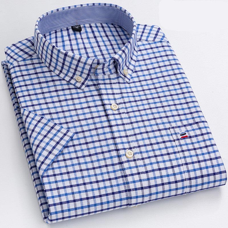 Men's blue check short-sleeve shirt, button-front with buttoned collar and chest pocket.