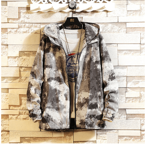 Autumn camouflage jacket in gray and brown mottled camo with full front zipper.