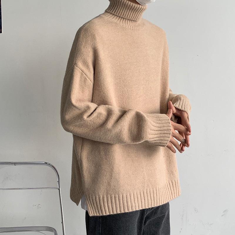 Camel loose turtleneck sweater with ribbed collar and cuffs