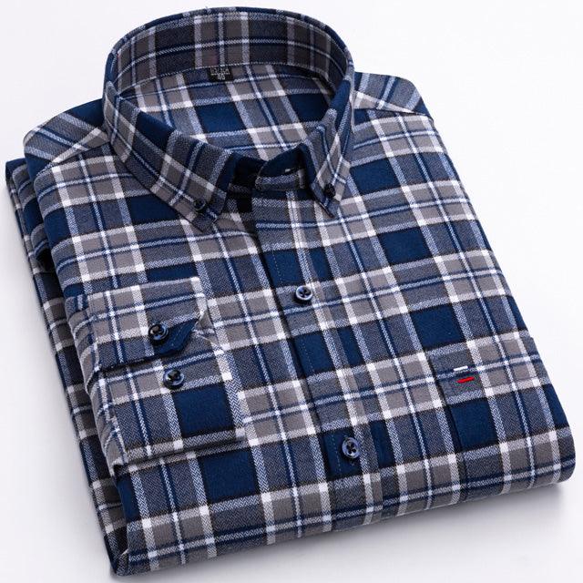 Long-sleeve shirt in dark blue and gray plaid with white lines, button front, chest pocket.