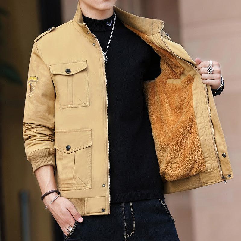 Men's padded velvet jacket, tan with zip front, snap flap pockets, tan sherpa lining