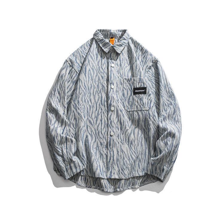 Men's light blue striped casual button-up shirt with chest pocket and stand collar
