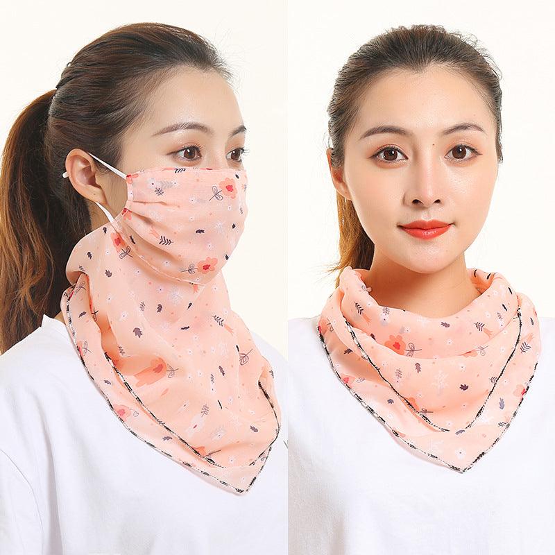 Floral silk neck scarf with face covering, pale peach base with tiny floral motifs and trim