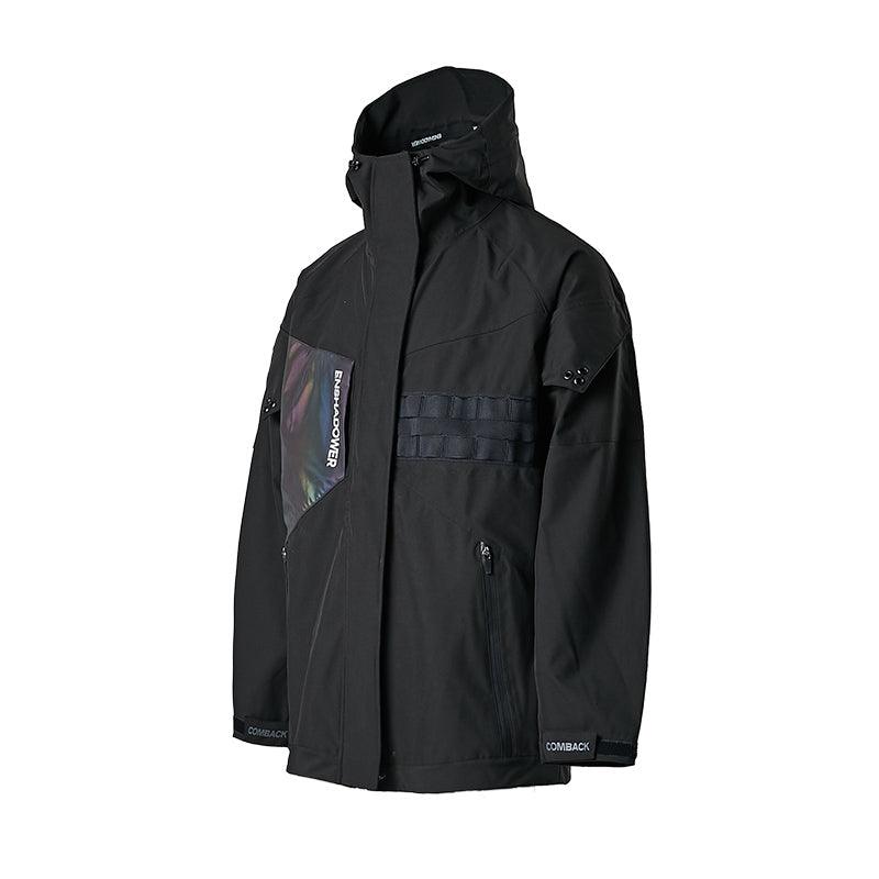 Black mens reflective hooded jacket with full zip and hologram-style chest panel