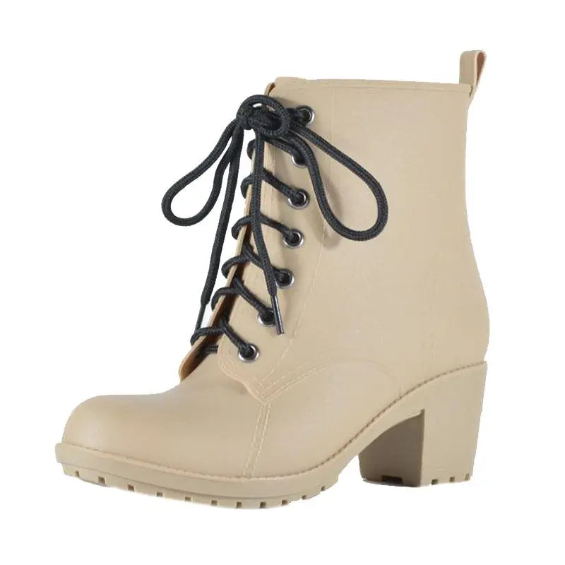Apricot lace-up rain ankle boots with black eyelets and block heel