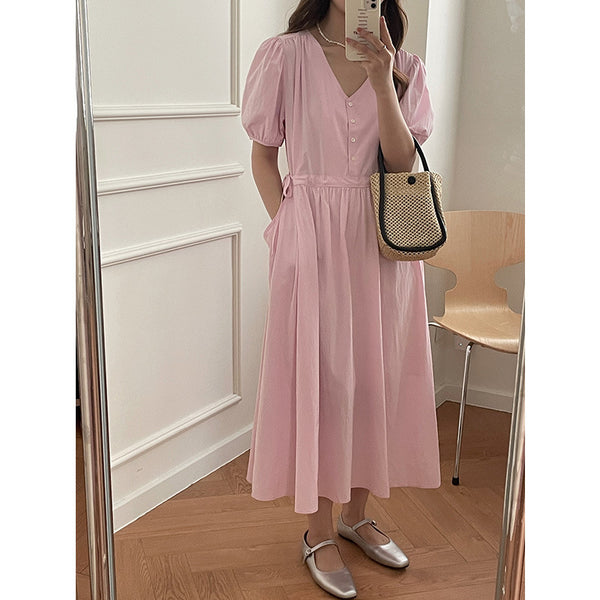 Simple Solid Color V-Neck Skirt - WOMONA.COM