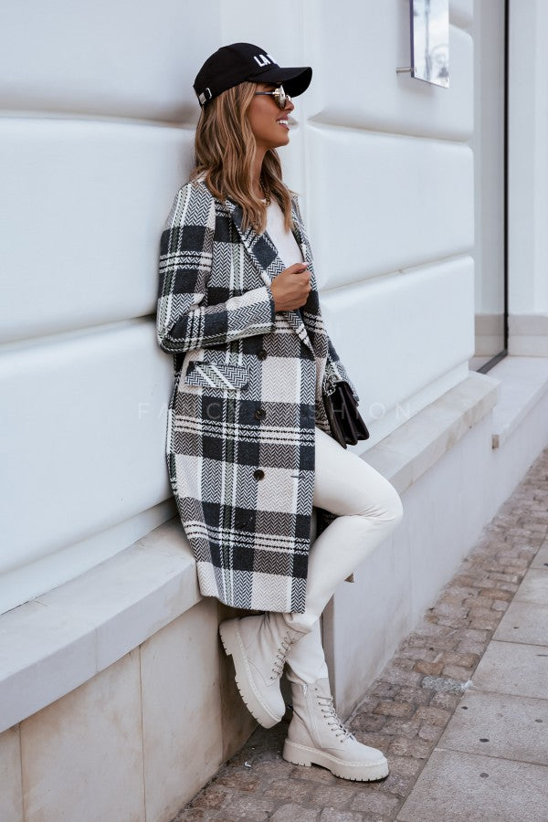 Fashion Plaid Woolen Coat - WOMONA.COM