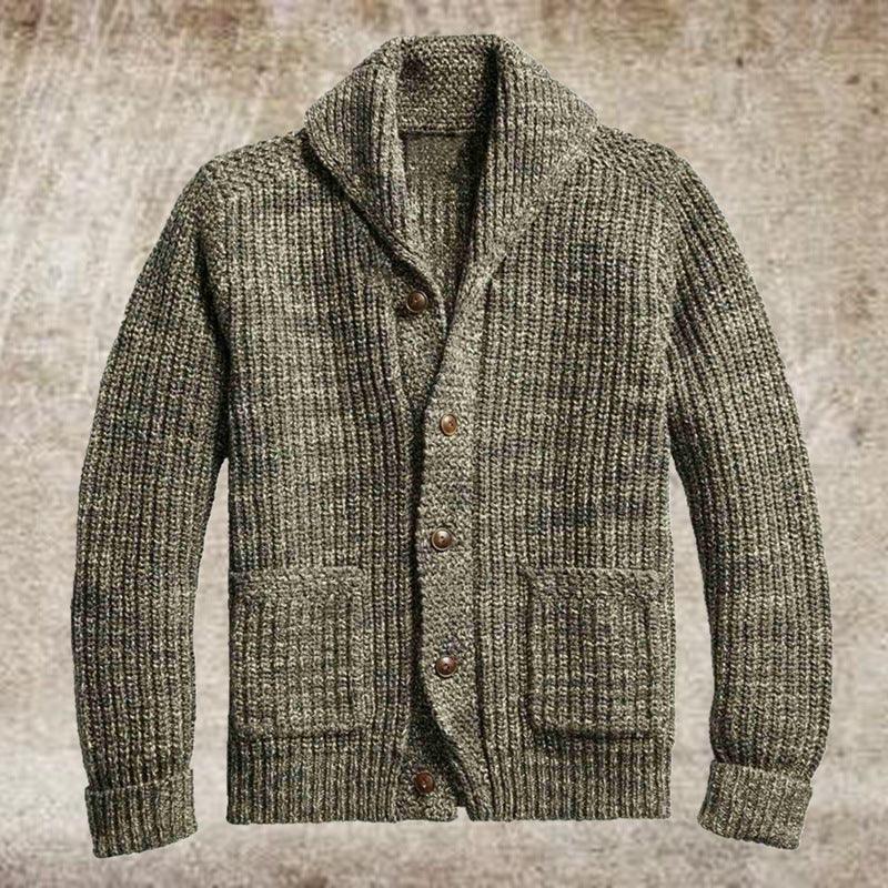 Men's knitted cardigan jacket in heather green with button front, shawl collar, patch pockets