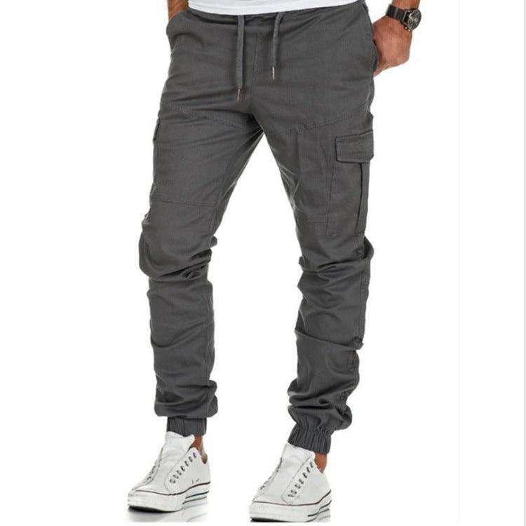 Men's grey cargo jogger pants with drawstring waist, side pocket, elastic cuffs.
