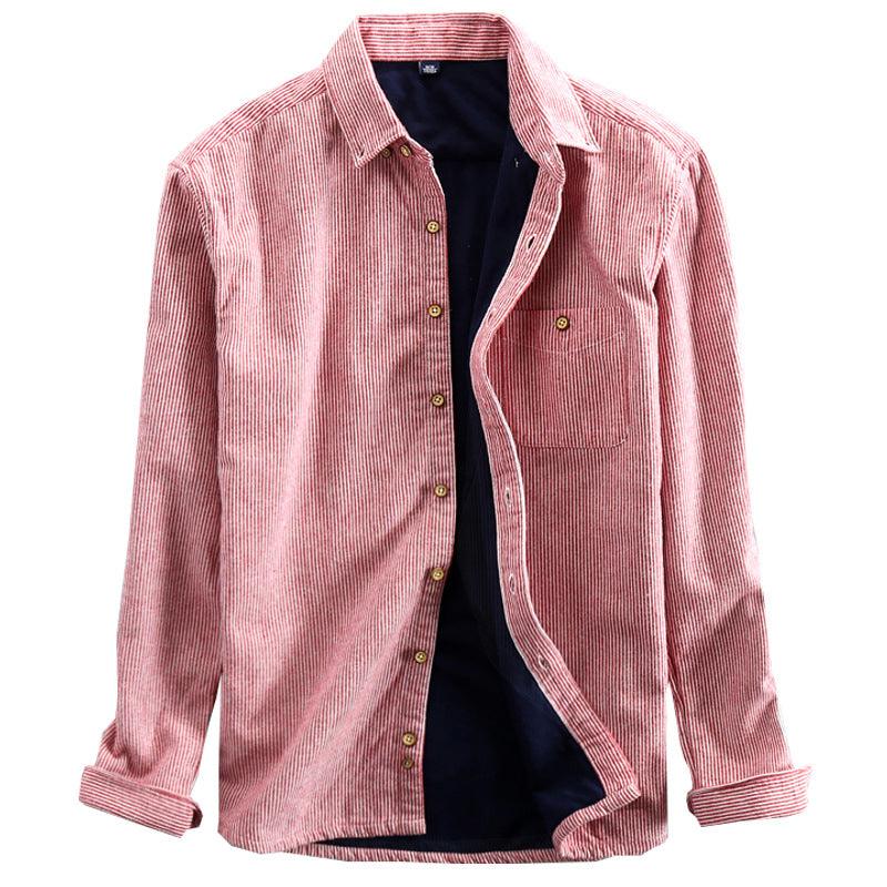 Red striped button-up casual shirt with pointed collar and long sleeves, open front