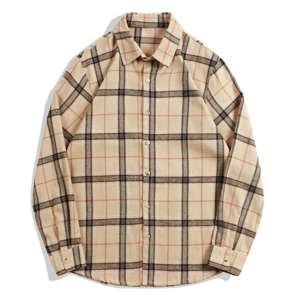 Men’s long-sleeve plaid button-up shirt in beige with dark and rust stripe lines