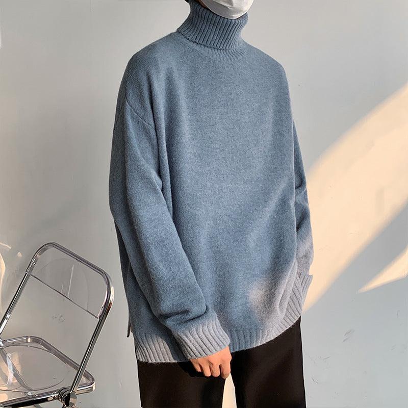 Bluegray loose turtleneck sweater with ribbed collar and drop shoulders
