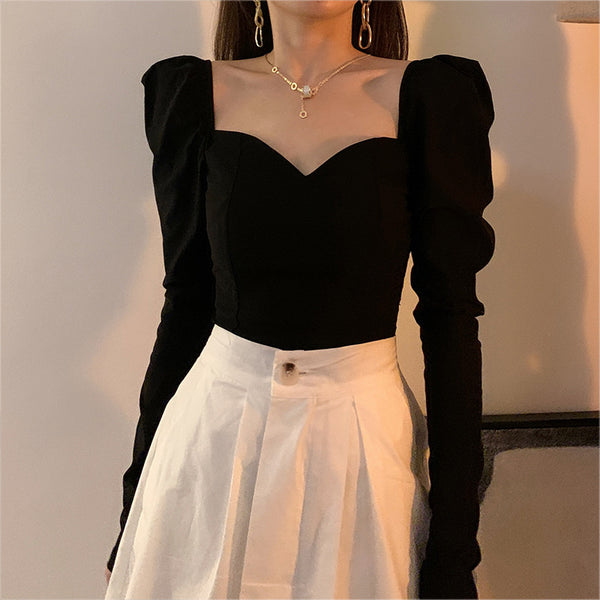 Puff Sleeve Square Neck Short Top Women - WOMONA.COM