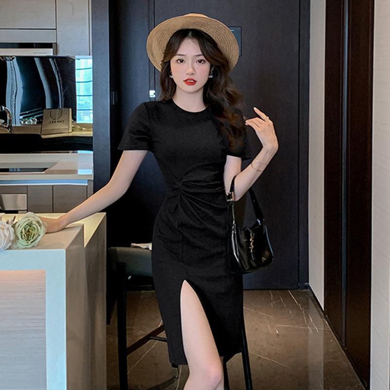 Black short-sleeve split midi dress with gathered waist and side slit