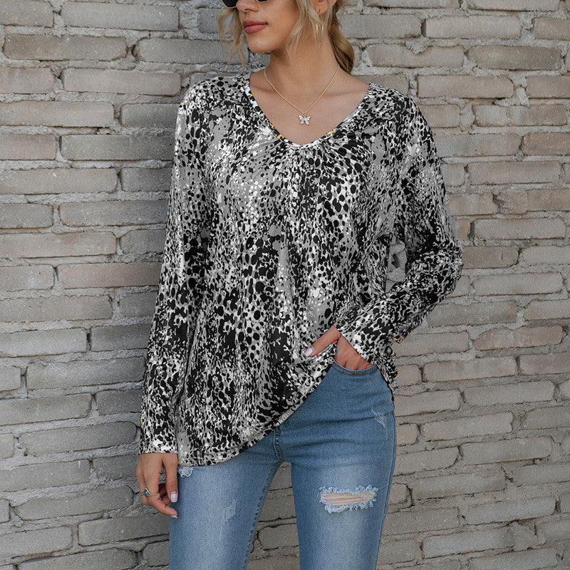 Ladies V-Neck Pleated Print Plus Size T-Shirt Top - WOMONA.COM