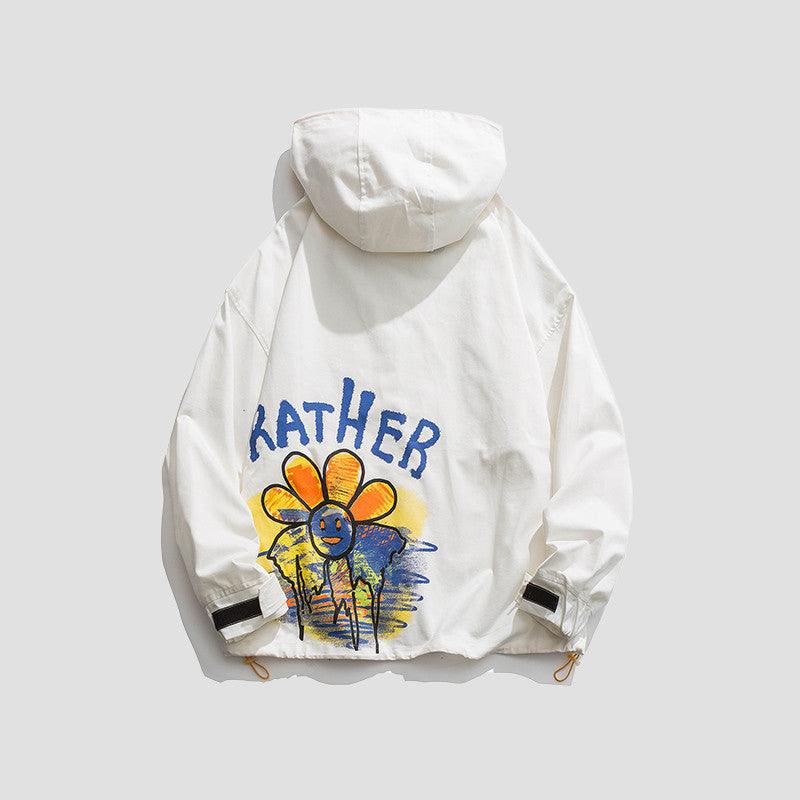 White hooded jacket with full front graphic print and drawstring hem, zip-up style