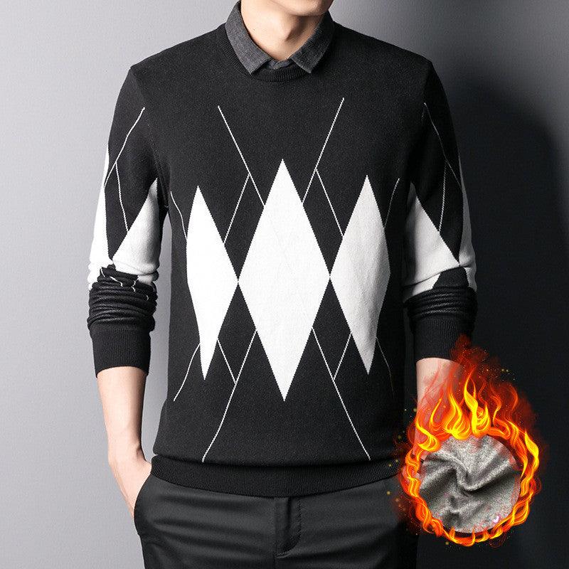 Men's bottoming shirt with black knit and white argyle diamonds, long sleeves, crew neckline