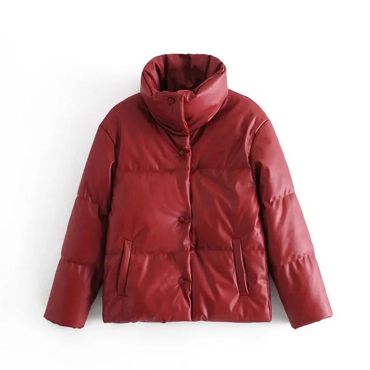 Maroon winter puffer jacket with hood, snap buttons, and side pockets.