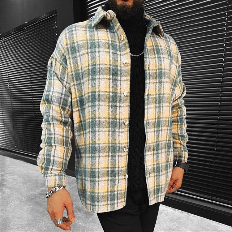 Men's plaid long-sleeve button-up shirt, green and yellow tones, front button placket