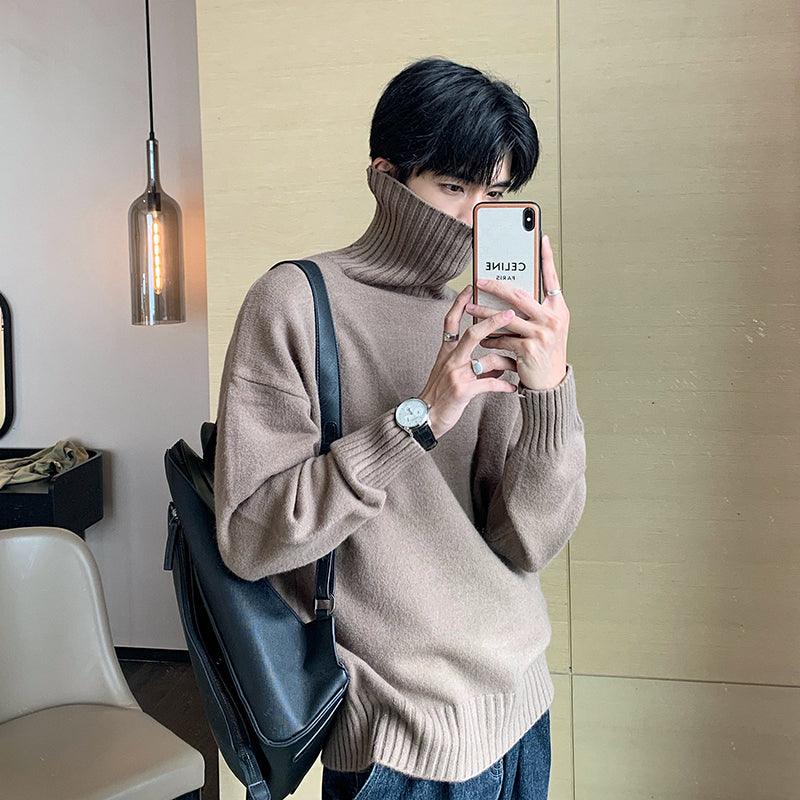 Men's tan ribbed turtleneck knit sweater with long sleeves