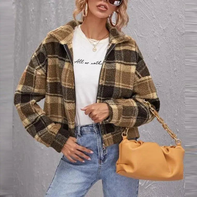 Yellow plaid zip-up cardigan with stand collar and long sleeves, front zipper