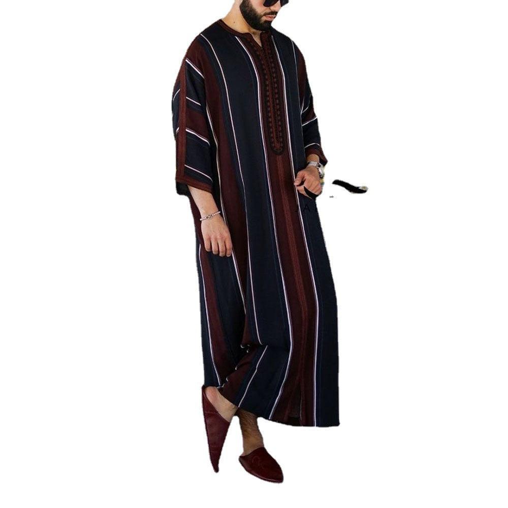 Men's long robe jacket in dark navy and brown stripes, open V-neck, wide 3/4 sleeves