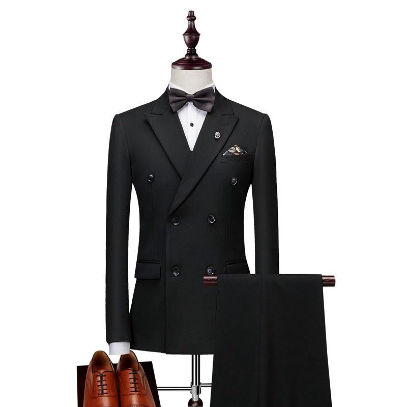Men's black tailored suit with bow tie, double-breasted front, and pocket square