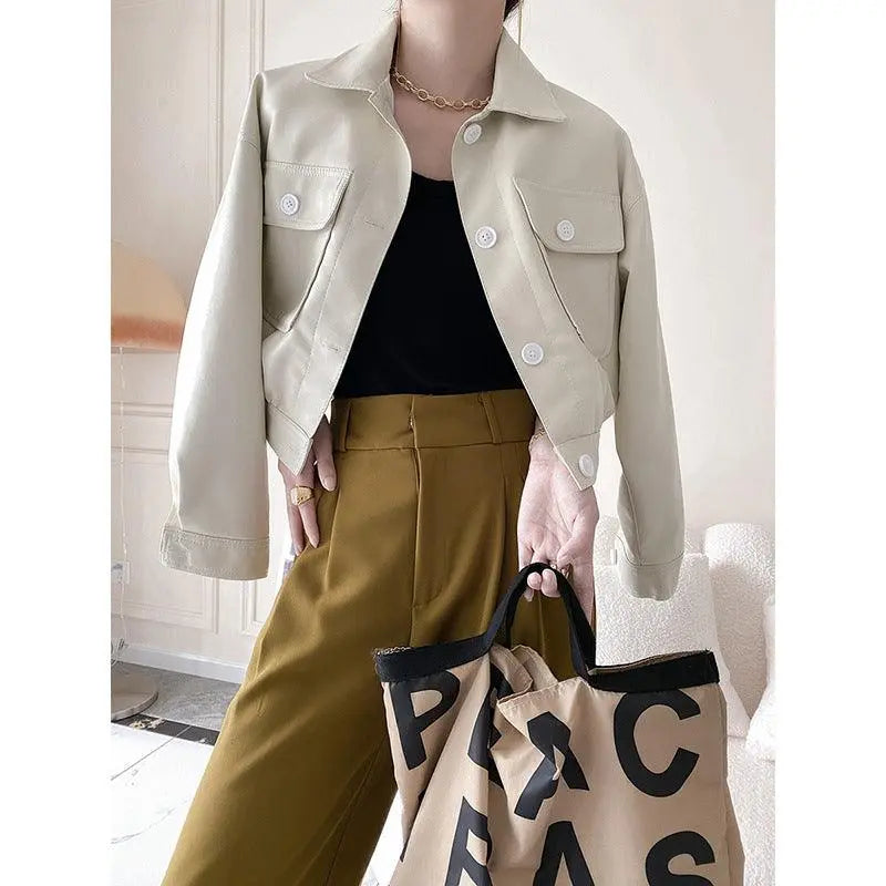 Lapel Collar Leather - WOMONA.COM