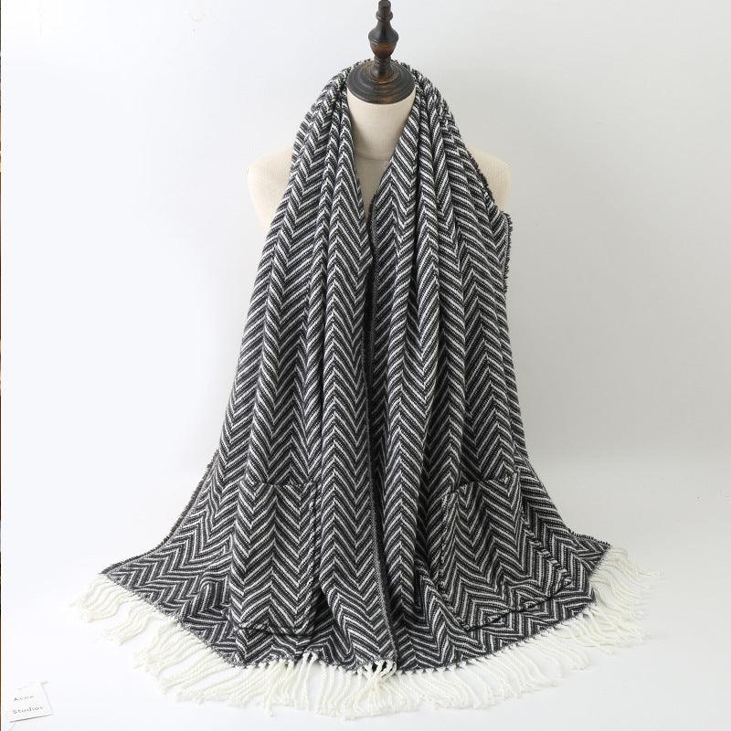 Women's pocket shawl, black chevron knit with front pocket and fringe trim